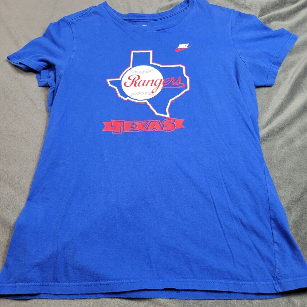 Nike Texas Rangers Shirt Girl XL 16 Graphic Blue Red Crew Neck Genuine Merch Tee